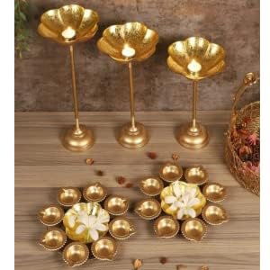 LUXURY LODGE Decorative Urli Bowl Tealight Holder Stand | Urli Stand Set of 3 for Decoration | Floating Diya Stand Home Decor Decorative Showpiece | Urli Bowl for Diwali and Pooja (Set of 3)