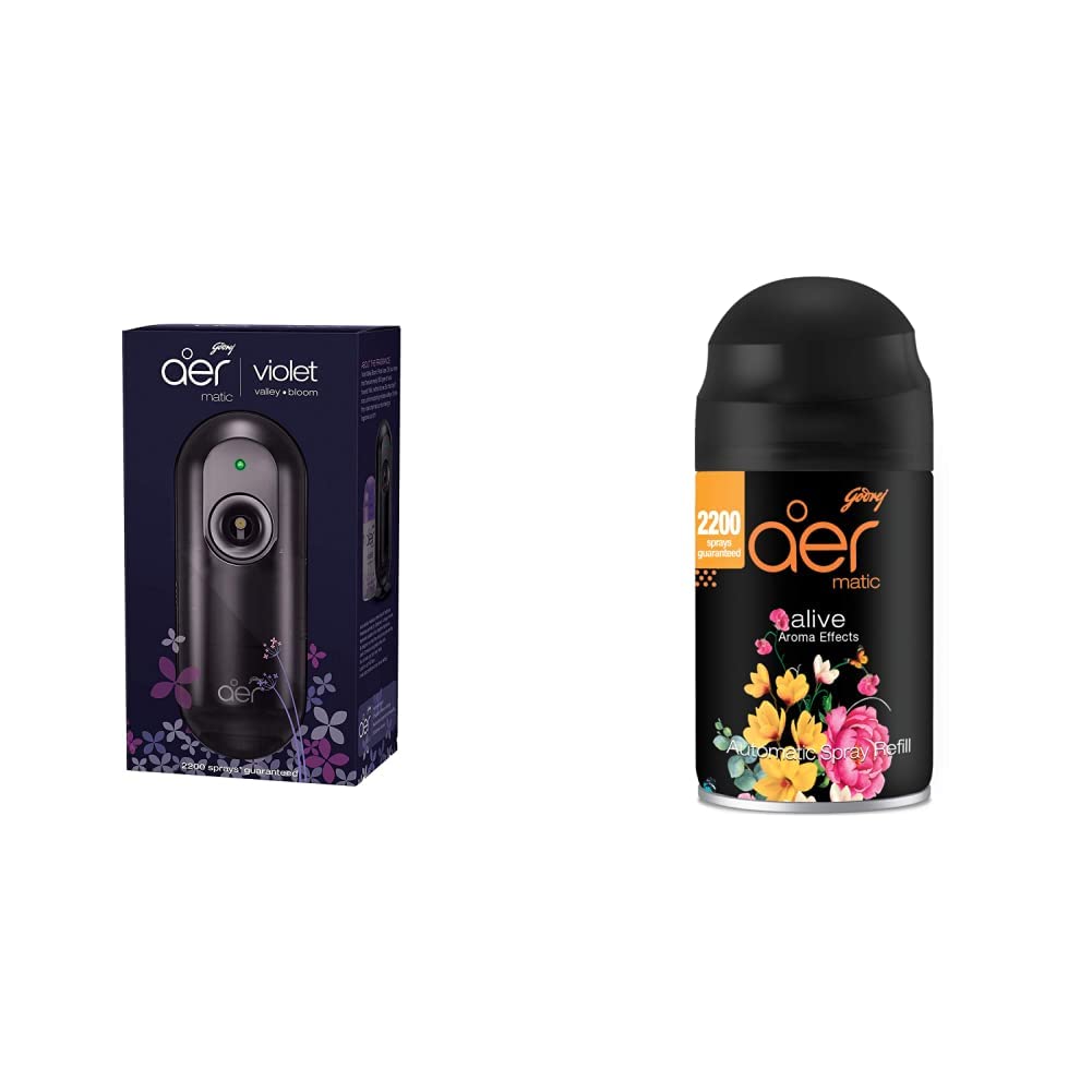 Godrej aer Matic Kit (Machine + 1 Refill) - Automatic Room Fresheners with Flexi Control Spray | Violet Valley Bloom | 2200 Sprays Guaranteed | Lasts up to 60 days (225ml)