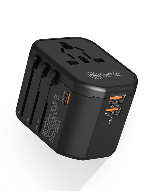 Destinio Universal Travel Adapter - Type C PD 20W - 4 in 1 Fast Charging International Travel Adapter; 1 x Type C, 2 x USB; All in One Universal Adapter for US, UK, Europe