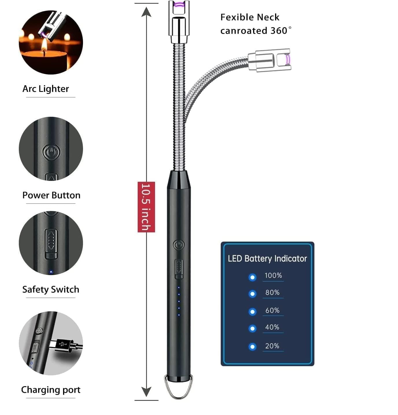 BELOXY Electric Lighter for Candles Rechargeable Electric Gas Lighter for Kitchen Plasma Lighter Flameless Windproof USB Lighter 360° Flexible Neck Arc Lighter for Diwali Fireworks