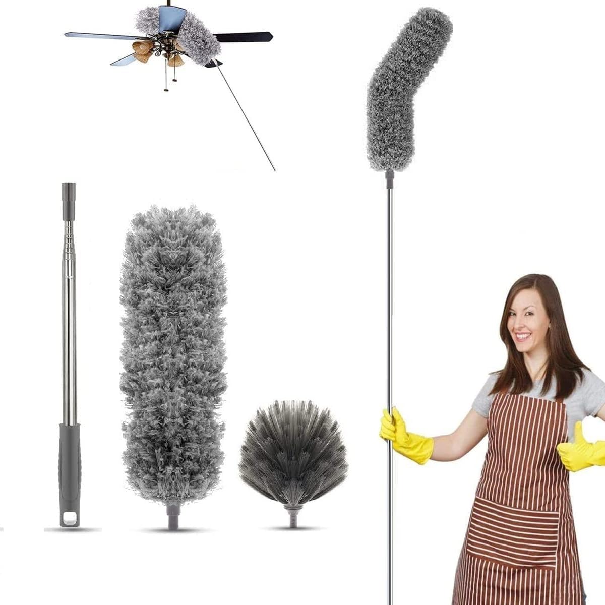 Hallstatt 2024 Upgraded Long Handle Microfiber Feather Ceiling Duster For Dust Cleaning Extendable Pole 30-100 Inch For Cleaning High Cobweb Stick High Ceiling Fan - Stainless Steel,Grey