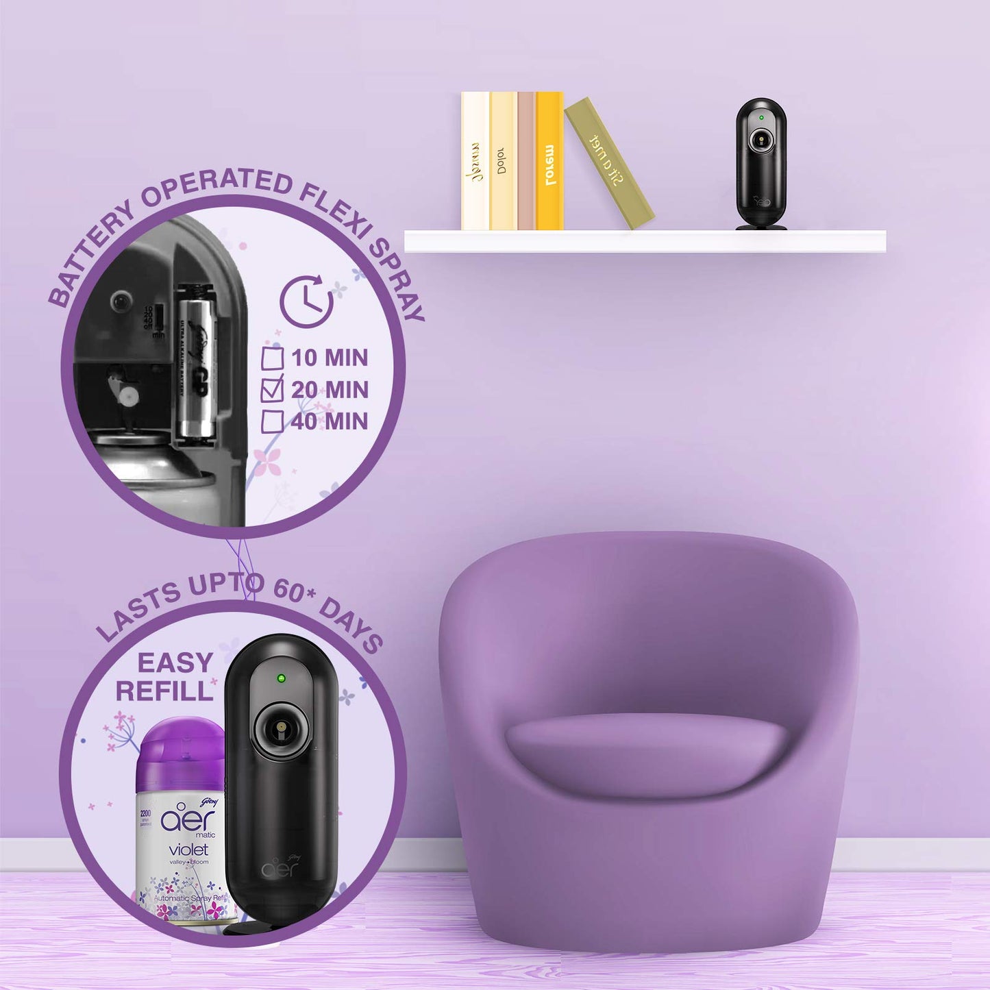 Godrej aer Matic Kit (Machine + 1 Refill) - Automatic Room Fresheners with Flexi Control Spray | Violet Valley Bloom | 2200 Sprays Guaranteed | Lasts up to 60 days (225ml)