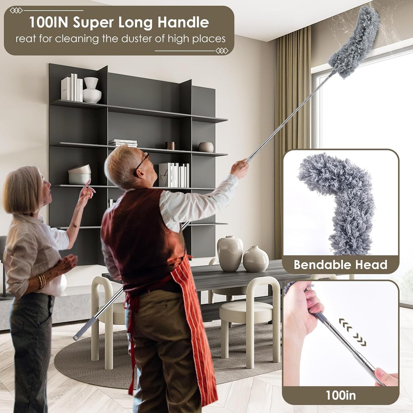 Hallstatt 2024 Upgraded Long Handle Microfiber Feather Ceiling Duster For Dust Cleaning Extendable Pole 30-100 Inch For Cleaning High Cobweb Stick High Ceiling Fan - Stainless Steel,Grey