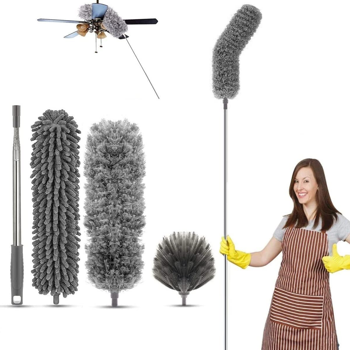 Hallstatt 2024 Upgraded Long Handle Microfiber Feather Ceiling Duster For Dust Cleaning Extendable Pole 30-100 Inch For Cleaning High Cobweb Stick High Ceiling Fan - Stainless Steel,Grey