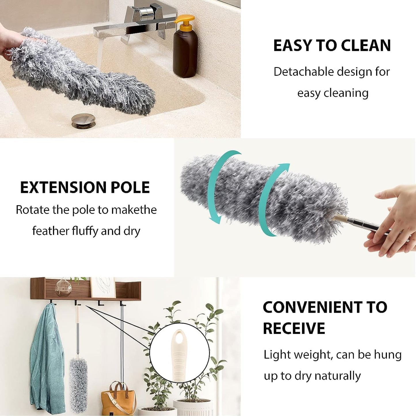 Hallstatt 2024 Upgraded Long Handle Microfiber Feather Ceiling Duster For Dust Cleaning Extendable Pole 30-100 Inch For Cleaning High Cobweb Stick High Ceiling Fan - Stainless Steel,Grey