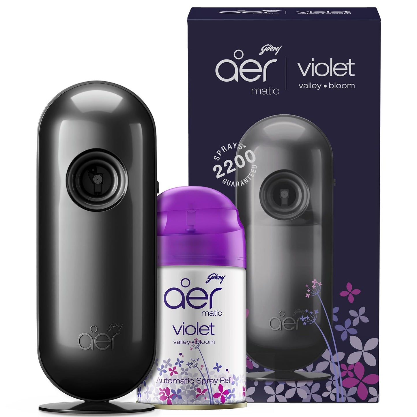 Godrej aer Matic Kit (Machine + 1 Refill) - Automatic Room Fresheners with Flexi Control Spray | Violet Valley Bloom | 2200 Sprays Guaranteed | Lasts up to 60 days (225ml)